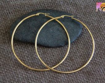 70mm Very Large Golden Hoops | 18K Gold Plated Hypoallergenic Stainless Steel | Bohemian Chic Ethnic Tribal Modern Earrings | Big Hoops