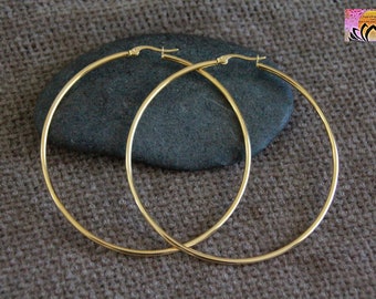 70mm Very Large Golden Hoops-18K Gold Plated Hypoallergenic Stainless Steel Earrings-Bohemian Chic Ethnic Tribal Modern Earrings-Big Hoops