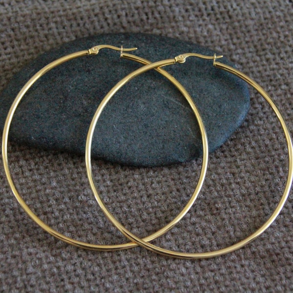 70mm Very Large Golden Hoops-18K Gold Plated Hypoallergenic Stainless Steel Earrings-Bohemian Chic Ethnic Tribal Modern Earrings-Big Hoops