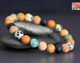 Jasper Onyx African Turquoise Dalmatian Stone Bracelet | Ethnic Vibe Bracelet | Protection Talisman Nurturing | Gemstone Stretchy Bracelet