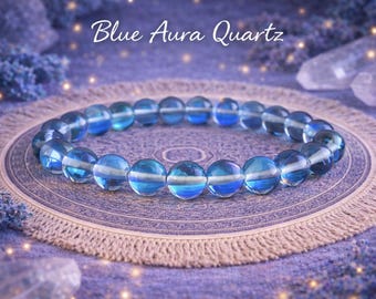 Blue Aura Quartz Bracelets | Stretchy Gemstone Bracelet | Crystal Stacking Bracelet | 8mm
