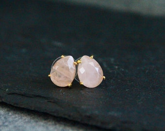 Rose Quartz Stud Earrings | 14x10mm | Faceted Stone Earrings | Gemstone Studs | Minimalist Jewellery | Boho Crystal Earrings