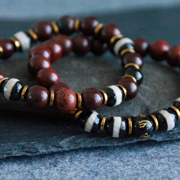 AUM Ethnic Bracelets Set | Obsidian Dzi beads | Stretchy Gemstone Wood Copper Bracelet | Unisex | Original Organic Natural Jewelry