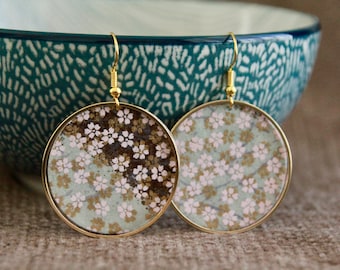 Flower Blossom Earrings | Japanese Paper Earrings | Round Metal Charm | Elegant Statement Earrings | Pink Brown Gold Spring Earrings