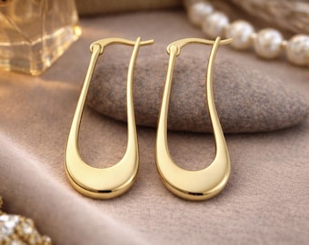 Long Twisted Hoops | 18k Gold | Golden Hoops | Wide Flat Side Hoops | 35mm | 14mm Thick Wide Side | Elegant Boho Statement Earrings