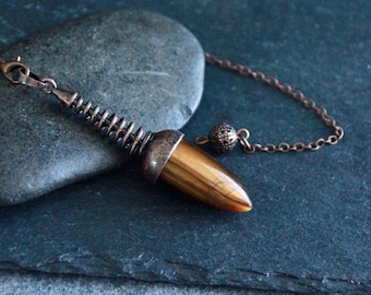 Tigers Eye Pendulum | Dowsing Pendulum Pendant | 65x16mm-25cm long chain with clasp | Copper Pendulum | Gemstone Crystal Divining Pendulum