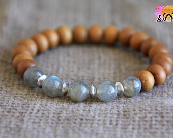 Labradorite Sandalwood Bracelet | Gemstone Wood Stretchy Bracelet | Stacking Bracelet | Blue Flashy Labradorite Bracelet | Bohemian Jewelry