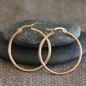 35mm Rose Gold Hoop Earrings | Hypoallergenic Stainless Steel Earrings | Bohemian Chic Elegant Modern Earrings | Minimalist | Medium Hoops