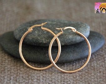 35mm Rose Gold Hoop Earrings | Hypoallergenic Stainless Steel Earrings | Bohemian Chic Elegant Minimalist Hoops | Medium Hoops