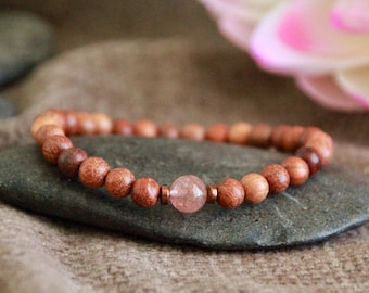 Rosewood + Strawberry Quartz Bracelet | GRACE/HARMONY/POSITIVITY | Natural Gemstone Wooden Bracelet | Organic Delicate Crystal Bracelet 6mm