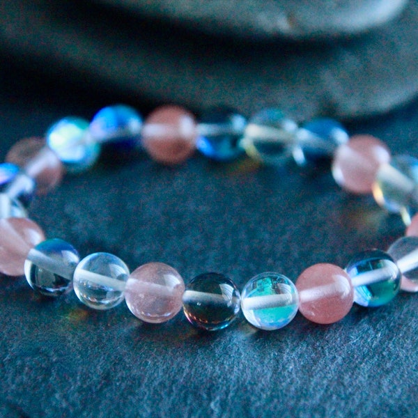 Aura Quartz Bracelet | Cherry Quartz White and Blue Aura Quartz | Stretchy Gemstone Bracelet | Stacking Bracelet | Crystal Bracelet | 8mm