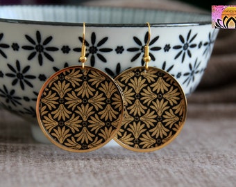 Statement Earrings | Japanese Paper Earrings | Black and Gold Round Metal Charm Earrings | Unique Artisan Jewelry | Elegant Modern Earrings