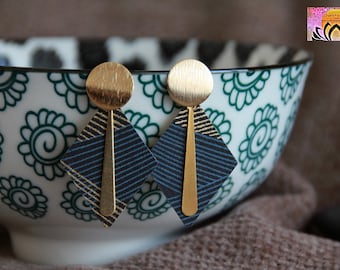 Japanese Paper Stud Earrings-Rhombus Earrings-Modern Earrings-Gold Stud Earrings-Unique Artisan Jewelry-Statement Earrings-Blue Gold Earring