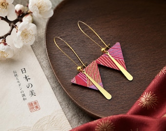 Pink and Gold Triangle Earrings | Japanese Paper Metal Charm Earrings | Minimalist Light Long Dangle Earrings | Unique Handmade Jewelry