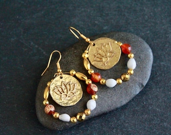 Bohemian Lotus Flower Earrings | Natural Stone Earrings | Job's Tear | Golden Brass | Original Gemstone Hoops | Boho Ethnic Hippie Jewelry
