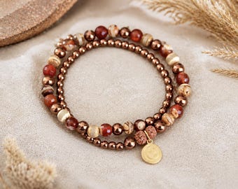 Ethnic Bracelet With Moon Charm Copper and DZI beads | Sacred Rudraksha Seeds | Long Stretchy Bracelet | Double Wrap Boho Ethnic Bracelet