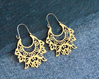 Bohemian Hollow Earrings | Large Hoop Earrings | Stainless Steel Laser Cut Earrings | Gold Metal Earrings | Original Boho Summer Jewelry