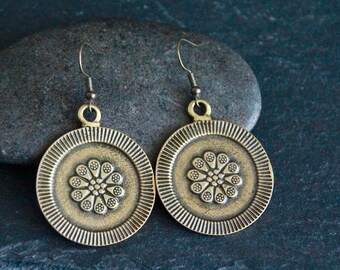 Decorated Bronze Earrings | Antique Bronze | Flower Charm Dangle Earrings | Original Boho Ethnic Jewellery | Large Round Metal Earrings