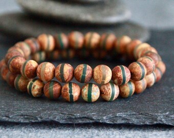 DZI Agate Bracelet | Ethnic Tibetan Bracelet | 8mm Matte Brown Beads | Gemstone Stretch Bracelet | Unisex | Original Organic Natural Jewelry