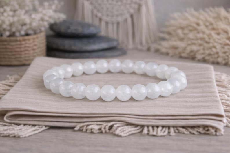 White Jade Bracelet | PEACE/CLARITY of Mind/LUCK | Heart and Crown Chakra | Healing Gemstone Bracelet | Organic Bracelet | Natural Jewellery image 1