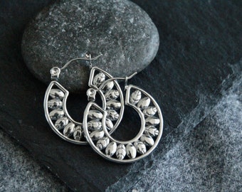 Leaf Wrap Hoop Earrings | Stainless Steel Hoops | 23mm | Original Boho Decorated Hoops | Silver Colour Metal | Hypoallergenic Earrings