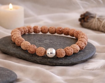 Rudraksha Seeds Bracelet With White Gold | Sacred Rudraksha | Stretchy Beaded Stacking Bracelet | Yoga Hindu Boho Ethnic Bracelet | Mala