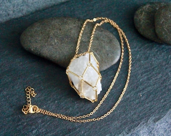 Crystal Pouch Necklace | Handmade Stainless Steel Stone Holder Necklace | Macrame Pouch | Brass Chain Necklace | 18" 45cm Chain Adjustable