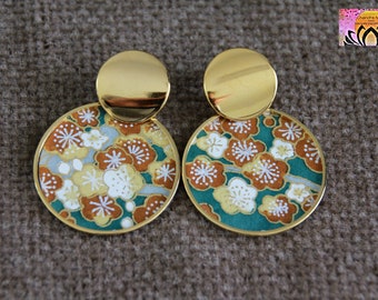Cherry Blossom Studs | Japanese Paper Earrings | Round Metal Earrings | Green Gold Flowers | Unique Artisanal Elegant Statement Earrings