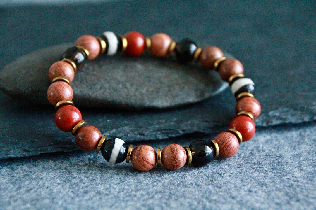 Rosewood Ethnic Bracelet | Red Jasper Smoky Quartz Dzi Beads