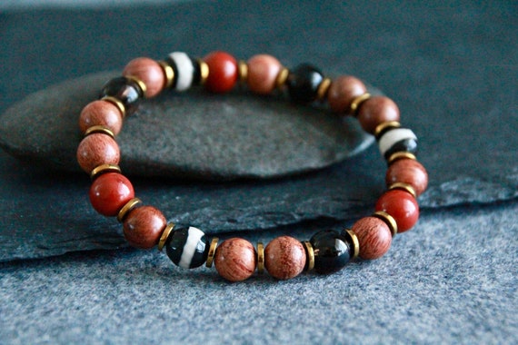 Rosewood Ethnic Bracelet | Red Jasper Smoky Quartz Dzi Beads