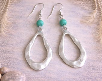 Turquoise Silver Long Earrings | PROTECTION/LUCK/WISDOM | Throat and Third Eye Chakras | Antique Silver | Original Bohemian Ethnic Earrings