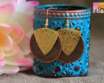 Original Copper Earrings | Embossed Golden Charm | Antique Copper and Brass Earrings | Metal Earrings | Boho Jewellery | Statement Earrings