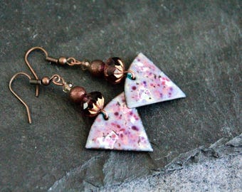 ONLY ONE | Original Pink Purple Enamel Earrings | Handmade Enamel on Copper Charm | Light Triangle Charm Dangle Earrings | Handcrafted | 6cm