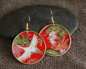 White Bird Earrings | Japanese Crane Charm Earrings | Japanese Paper | Statement Elegant Earrings | Handmade Jewelry | Red Gold Earrings