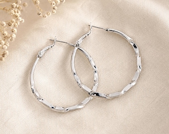 40mm Twisted Platinum Hoops | Platinum Earrings | Leverback Hoops | Boho Modern Earrings | Medium Large Hoops | Available in Silver or Gold