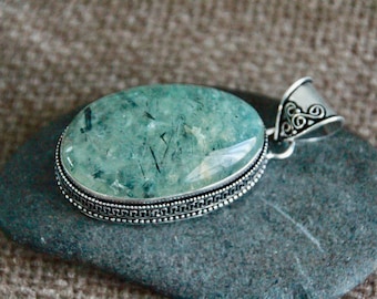 Prehnite Pendant-HEALING/Divine PROTECTION/Connection with NATURE/Prophecy-62x27mm-Natural Gemstone Pendant-Silver Setting-Healing Crystal