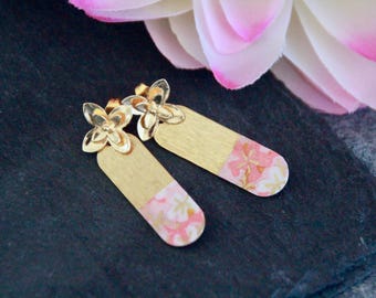 Pink Cherry Blossom Bar Earrings | Japanese Paper on Metal Charms | Boho Long Rectangle Dangle Earrings | Unique Handmade Artisanal Jewelry