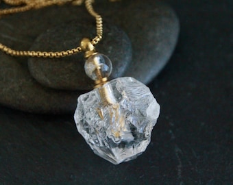 Natural Quartz Perfume Bottle Necklace | Unique Jewelry | Openable Bottle | Stainless Steel Box Chain | 46x30mm Natural Crystal Pendant