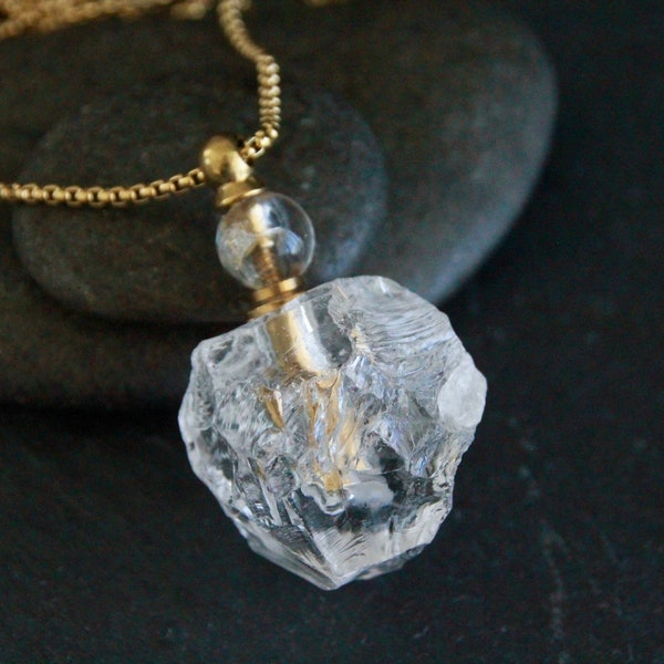 Natural Quartz Perfume Bottle Necklace | Unique Jewelry | Openable Bottle | Stainless Steel Box Chain | 46x30mm Natural Crystal Pendant