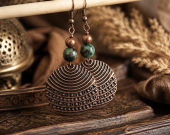 Copper and African Turquoise Dangle Earrings | EVOLUTION | New PERCEPTIONS | Positive CHANGE | Bohemian Ethnic Metal Charm Earrings