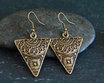 Original Bronze Triangle Earrings | Antique Bronze | Large Triangle Metal Charm Earrings | Rustic Boho Ethnic Jewelry | Statement Earrings