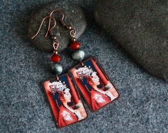 ONLY ONE | Japanese Ethnic Earrings | Handmade Oxidized Copper Charm | Original Handcrafted Artisan Earrings | Red Boho Ethnic Jewellery