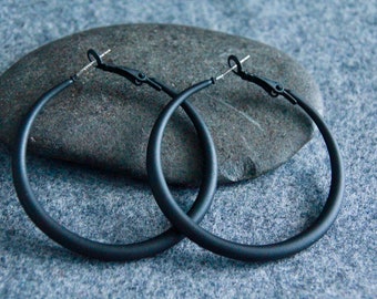50mm Large Black Hoops | 4mm Thick | Sterling Silver Pin |  Bohemian Chic Ethnic Tribal Earrings | Latchback | Original Colourful Hoops