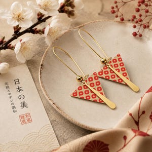 Red and Gold Triangle Earrings | Japanese Paper Earrings | Handmade Metal Charm Earrings | Unique Artisan Jewelry | Long Statement Earrings