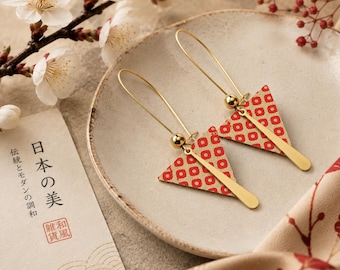 Red and Gold Triangle Earrings | Japanese Paper Earrings | Handmade Metal Charm Earrings | Unique Artisan Jewelry | Long Statement Earrings