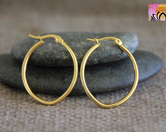 Oval Golden Hoops | 34x28mm | Hypoallergenic Stainless Steel Earrings | Original Modern Boho Hoops