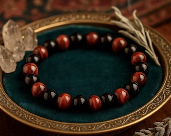 Red Tigers Eye Tourmaline Bracelet | PROTECTION CONFIDENCE SURVIVAL | Gemstone Stretchy Bracelet | Unisex Crystal Healing Bracelet | 8mm