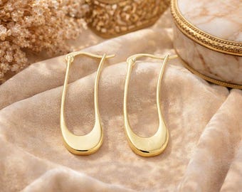 Long Twisted Hoops | 18k Gold | Golden Hoops | Wide Flat Side Hoops | 35mm | 14mm Thick Wide Side | Elegant Boho Statement Earrings