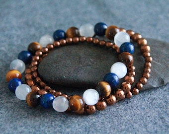 Lapis Lazuli Tigers Eye Selenite Bracelet | PROTECTION AMULET - CONFIDENCE - Decisions | Natural Gemstone Jewelry | Healing Crystal Bracelet