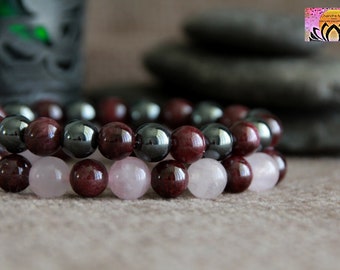 Garnet Rose Quartz Hematite Bracelets Set | PASSION | COMMITMENT | COMPASSION | Gemstone Stretchy Bracelet | Crystal Healing Bracelet | 8mm
